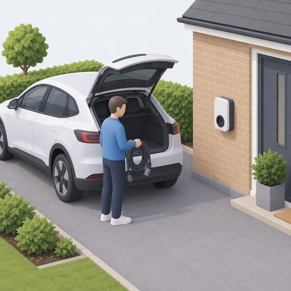 A small wall-mounted untethered EV chargepoint unit with a blank socket and no cable attached, fixed beside a house on a private driveway with a parked electric car waiting, a simplified figure standing nearby holding a coiled cable taken from the car boot.