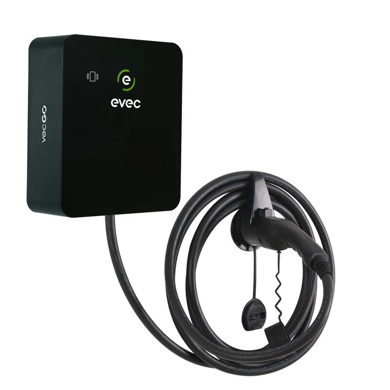 A black evec VecGO wall-mounted EV charger with coiled Type 2 tethered cable and holster on a white background
