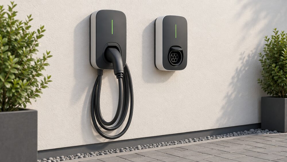 Two wall-mounted EV chargers side by side on an outside wall above a driveway: the left one a tethered unit with its Type 2 cable permanently attached hanging in a loose coil, the right one an untethered socket-only unit with no cable, shown close up.