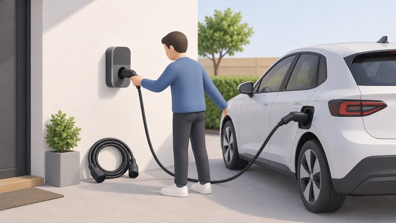 A small untethered wall-mounted EV charge point with a Type 2 socket, a separate coiled cable resting beside it, and a simplified figure plugging one end of the cable into the unit and the other end into a parked car.