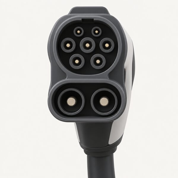 A close view of a CCS2 plug held upright, showing the round seven-pin Type 2 upper section with two larger DC pin holes arranged below it, drawn large so the combined geometry is clear.