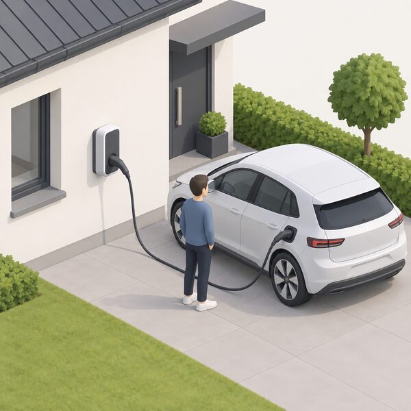 A wallbox charger mounted on the outside wall of a house with a Type 2 charging cable plugged into it, the cable running to a parked electric car on the driveway beside it.