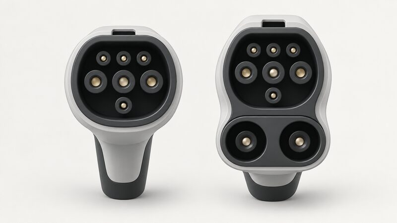 A close-up side-by-side view of a seven-pin Type 2 plug and a CCS plug, the CCS shown with the same upper pin arrangement plus two larger DC pin holes below, held against a plain background for direct comparison.