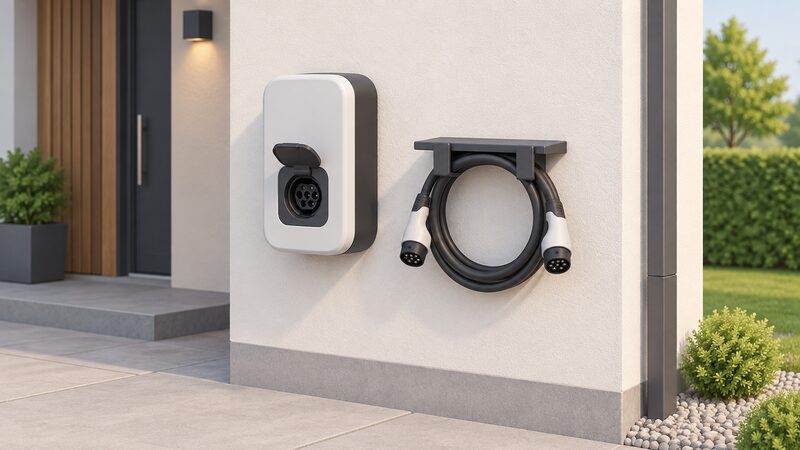 A small isometric home scene showing an untethered wallbox on an outside wall with a Type 2 socket, and a coiled Type 2 to Type 2 charging cable with a connector at each end resting on a shelf or bracket beside it, no car connected.