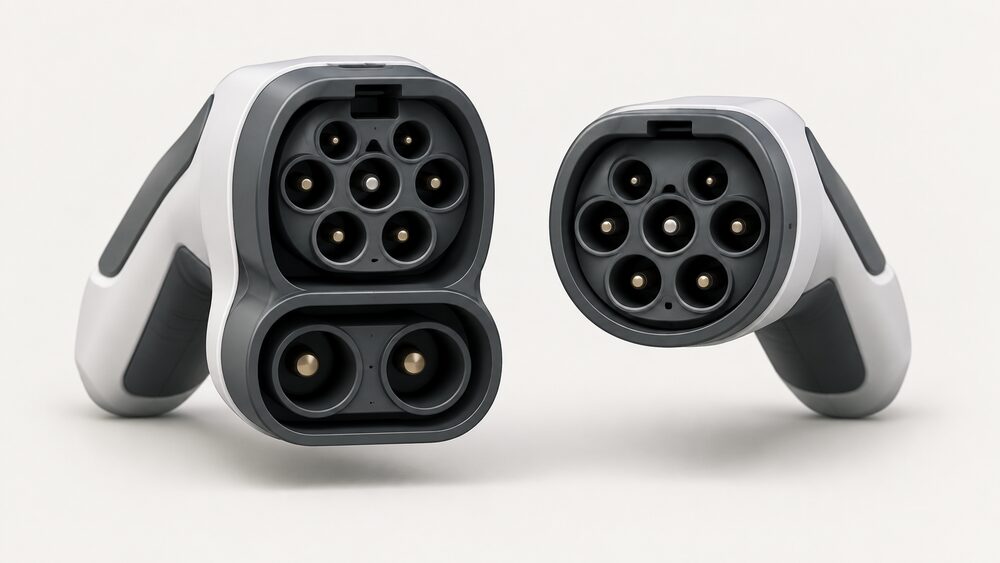 A close-up of a CCS charging plug held facing the viewer, its seven AC pin holes on top and two larger DC pin holes below, beside a plain seven-pin Type 2 plug so the extra two DC pins are the visible difference.