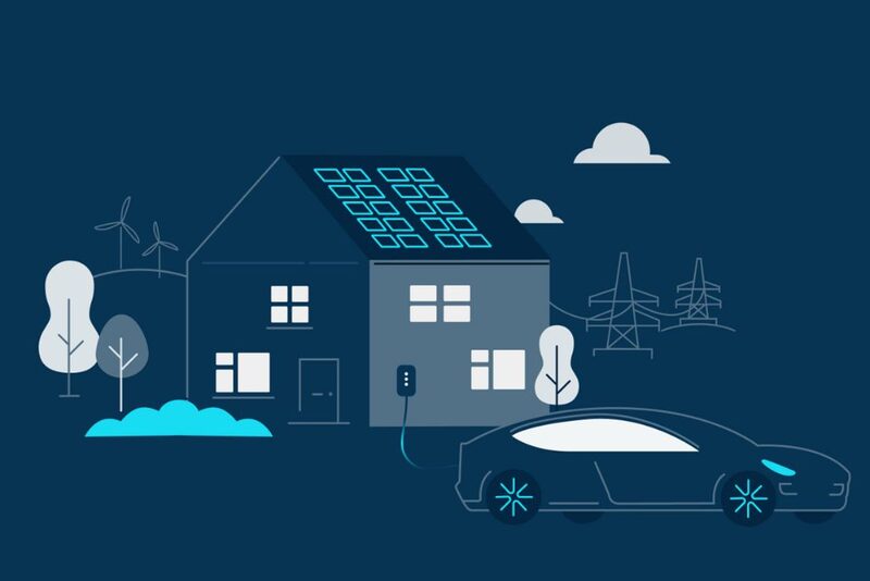 An illustration of a house with rooftop solar panels charging an electric car via a wallbox charger, with wind turbines and pylons in the background