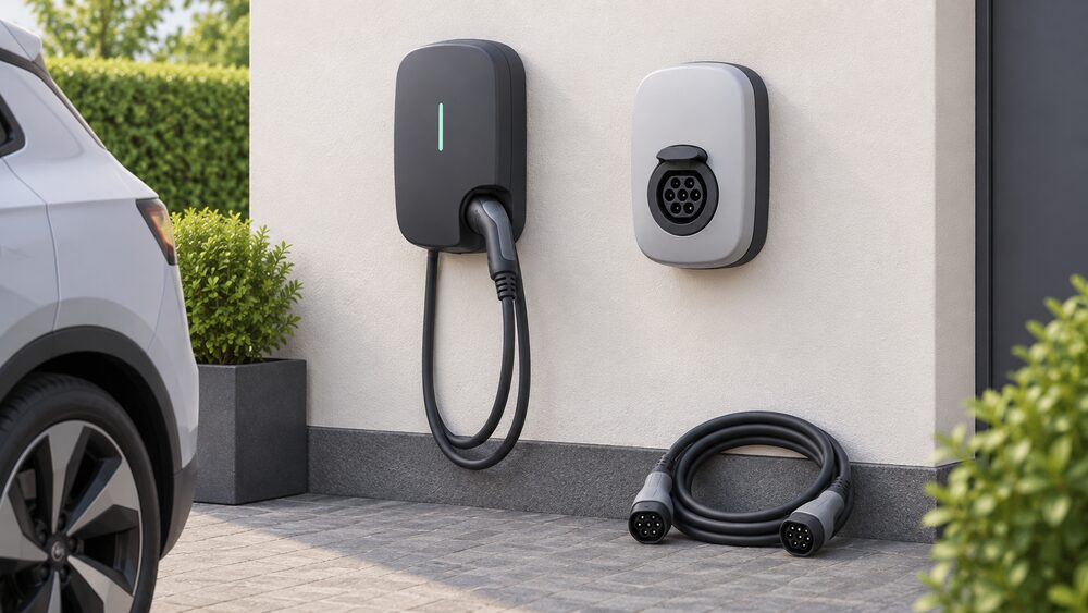 A wall-mounted domestic EV charge point on an outside wall beside a driveway, shown close up, with a tethered charging cable hanging from the unit and ending in a Type 2 connector, and a separate coiled cable resting beside an untethered socket-only unit for comparison.