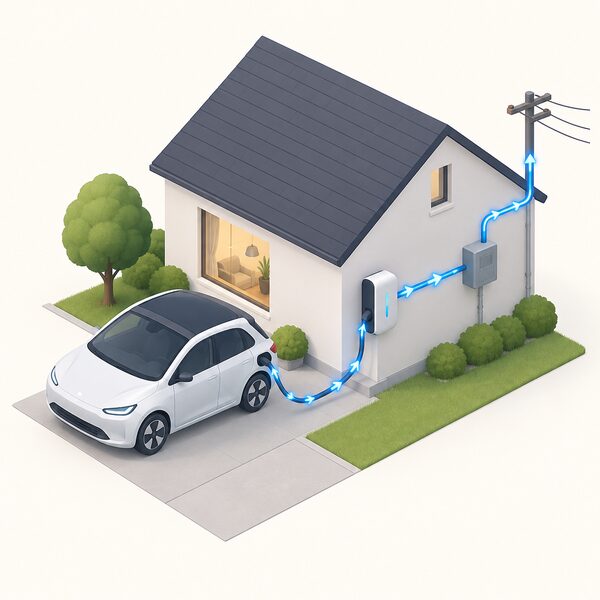 A small isometric electric car parked on a driveway beside a house, connected by a cable to a wall-mounted V2G charger, with a stylised energy flow shown travelling from the car through the charger to the electricity grid connection on the house.