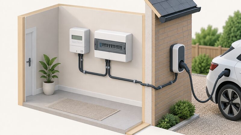 A simplified isometric cutaway of a home wall showing a smart electricity meter and a consumer unit mounted side by side on an interior surface, with a home EV charge point on the adjacent outside wall connected by visible cable runs between the three units.
