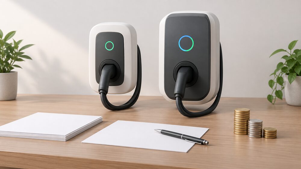 Two electric car charge point units of similar size stand side by side on a table, one plain and one slightly larger, beside blank paperwork, a pen and a small stack of coins, suggesting a household comparing the price of a bidirectional charger with an ordinary smart charger.