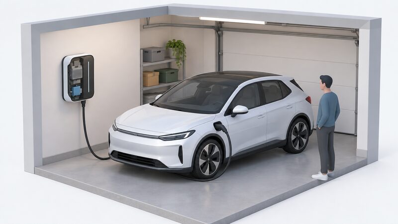 A wall-mounted bidirectional V2G chargepoint inside a home garage, with a cable running to a parked electric car beside it, drawn so the unit looks like an ordinary charge point while a cutaway hints at the bidirectional power electronics inside.