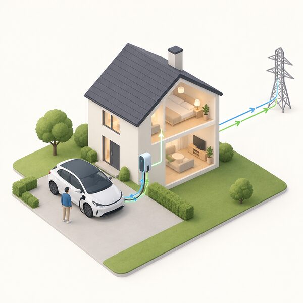 A small isometric electric car parked on a house driveway, connected by a bidirectional charging cable to a wall-mounted chargepoint on the house wall, with a simple line running from the chargepoint into the house and onward to the electricity grid, shown as a plain pylon in the distance.