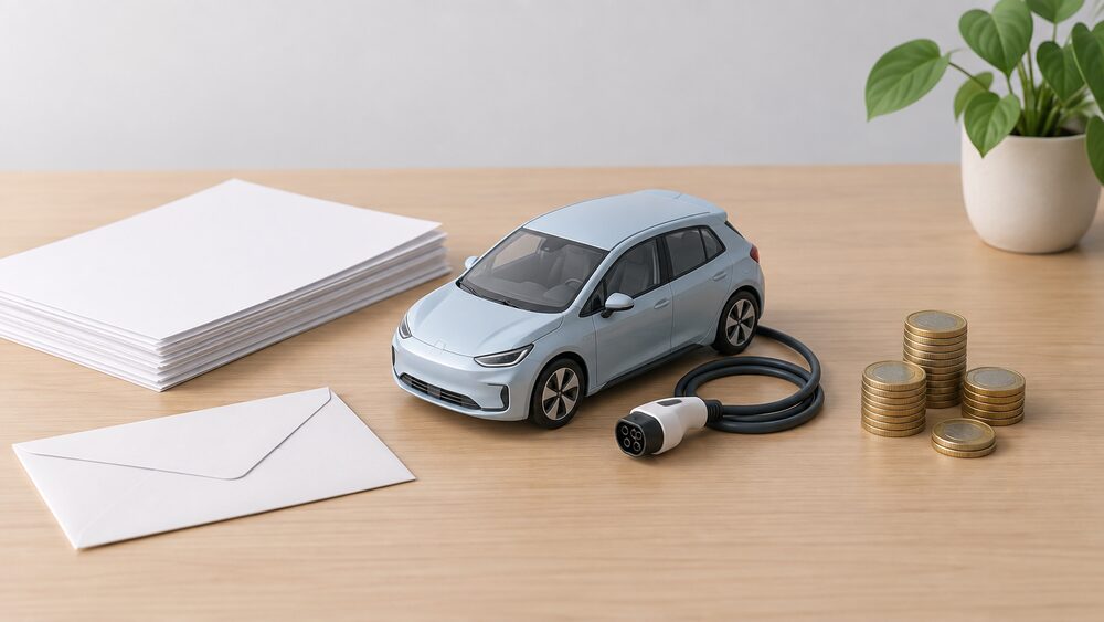 A small model of an electric car with a charging cable resting beside it sits on a table next to a loose stack of blank paperwork, a plain envelope and a small pile of coins, suggesting a household weighing up export earnings.