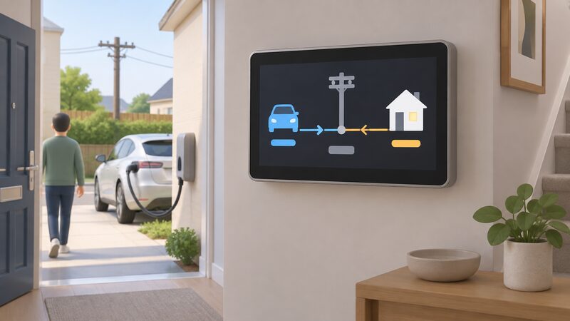 A wall-mounted home energy display in a UK home hallway, its screen showing a simplified diagram of an electric car outside discharging to the grid while the house simultaneously draws power from the same grid connection, drawn as a physical screen with plain colour blocks and lines and no readable words or numbers.