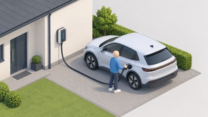 A wall-mounted bidirectional V2G chargepoint on a house exterior with a Type 2 cable plugged into a parked electric car on the driveway, shown with a simplified isometric figure connecting the cable.