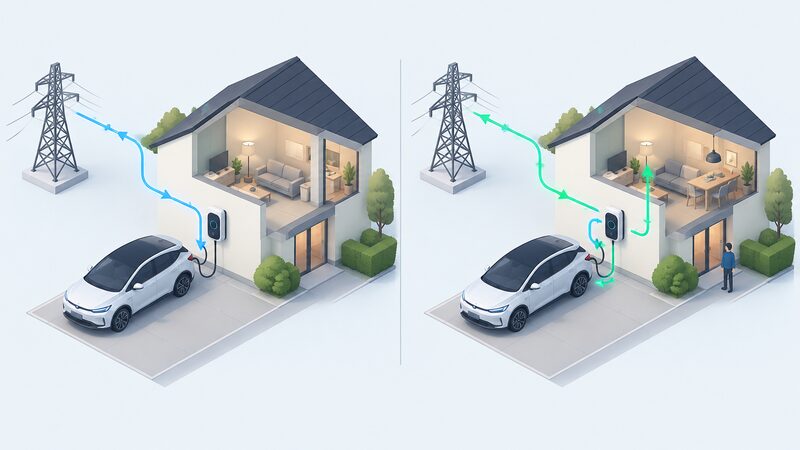 A split diagram: on one side a one-way arrow runs from the grid through a wall-mounted chargepoint into an electric car; on the other side a bidirectional double-headed arrow links the car through a similar chargepoint to both the home and the grid.