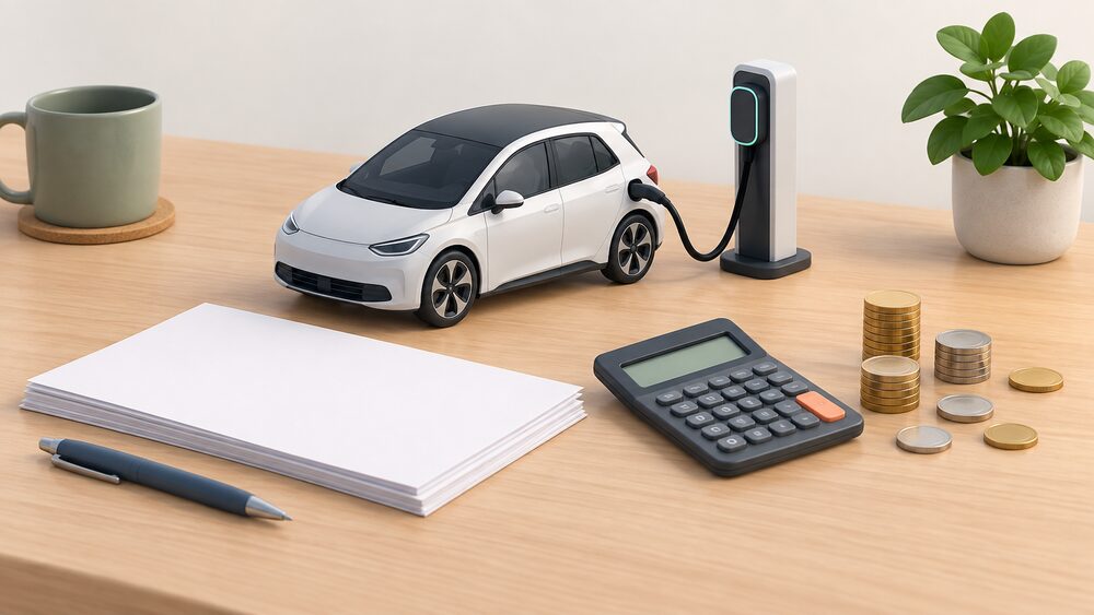 A small model of an electric car plugged into a model EV chargepoint stands on a table beside blank paperwork, a calculator and a scatter of coins, suggesting a household comparing the savings from timed charging against exporting energy back out.