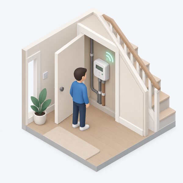 A small isometric figure of an installer or homeowner beside a smart electricity meter mounted on an interior wall of the home, such as an under-stairs cupboard, with its metering tail connected to the incoming supply and a simple signal shown linking it to the household's electricity metering, illustrating the meter needed for EV tariff eligibility.