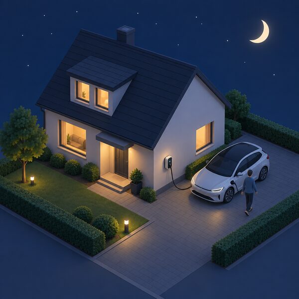 A small isometric house at night with a wallbox mounted on the outside wall, a cable running to a parked electric car on the driveway, one simplified figure approaching the car, under a dark sky suggesting overnight charging.