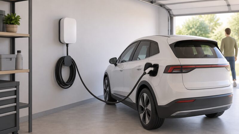 A compact white wallbox mounted on an interior garage wall beside a parked electric car, with its charging cable coiled neatly on a holder beneath the unit and a cable running to the car's charge port.