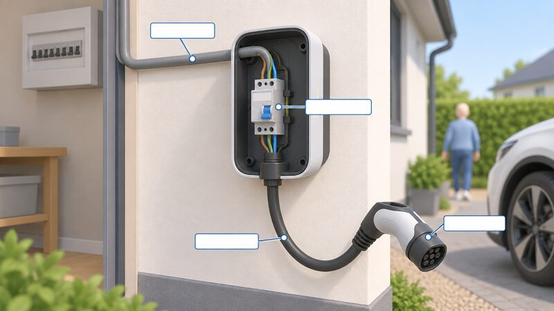 A cutaway diagram of a home wallbox mounted on a house wall, showing the incoming supply cable from the consumer unit through a Type A RCD protective device inside, and the charging cable leaving the unit with its connector, each link marked by a plain blank label band.