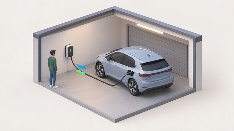 A small isometric garage scene showing a bidirectional chargepoint mounted on the wall with a cable running to a parked electric car, and two opposing arrows along the cable showing power flowing both to and from the car.