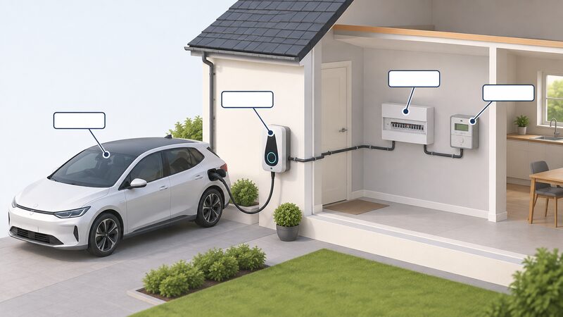 A cutaway-style diagram of a home V2G setup showing an electric car outside connected by a cable to a bidirectional chargepoint on the wall, wired inside to the consumer unit and smart meter, with plain blank labels pointing to each component.