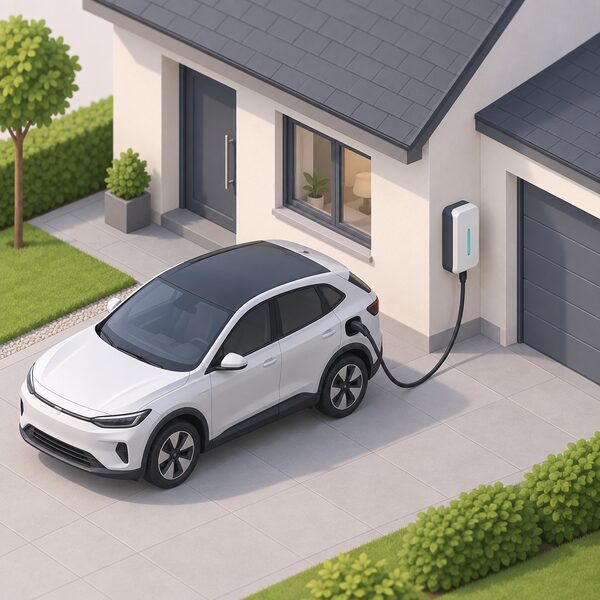A bidirectional V2G charger unit mounted on the outside wall of a domestic home, with a charging cable running from the charger to the charge port of an electric car parked on the driveway beside it.