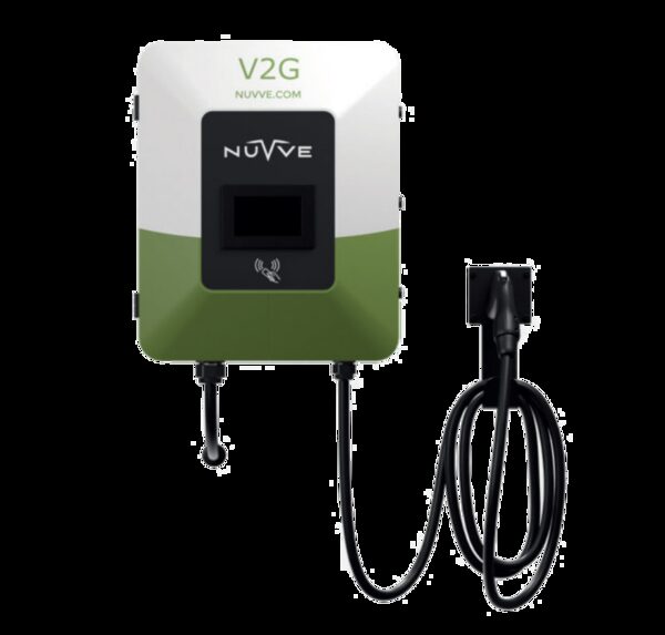 A Nuvve V2G wall-mounted EV charger unit with coiled charging cable on a white background