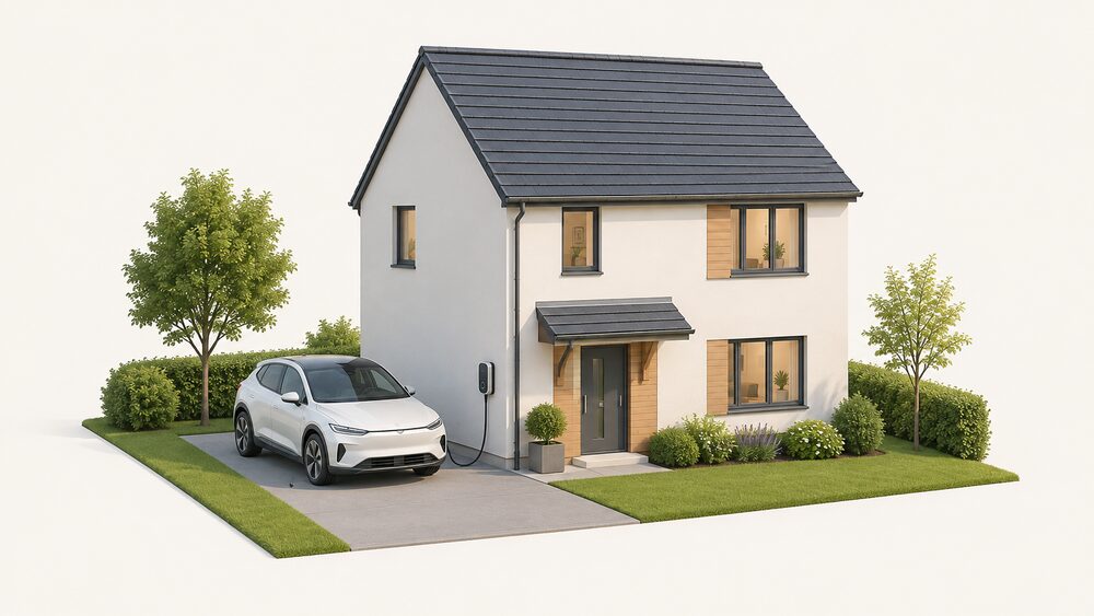 An electric car parked on a driveway beside a house, connected by a charging cable to a bidirectional chargepoint mounted on the external wall of the home, with the house shown whole behind it.