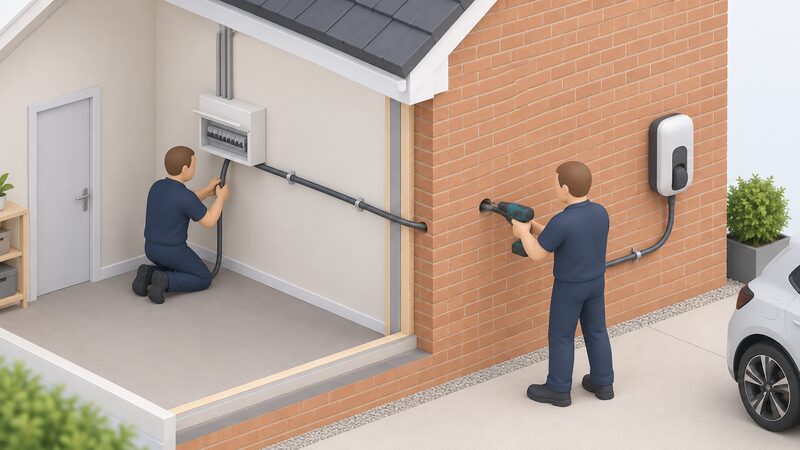 An installer in plain work clothing drills through an external wall and runs armoured cable from a wall-mounted home EV charger position back to the household consumer unit inside, showing a standard installation cable run.
