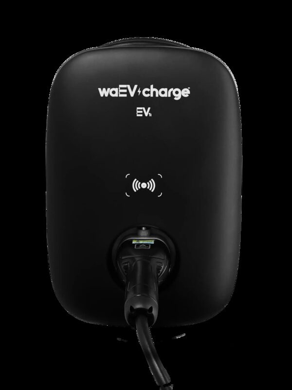 A black waEV-charge EV1i tethered EV wall charger with its cable and plug, shown against a white background