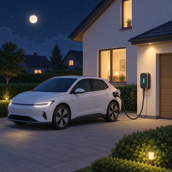 A night-time driveway scene showing an electric car parked beside a home wallbox with its charging cable connected, under a dark sky suggesting the overnight off-peak charging period.