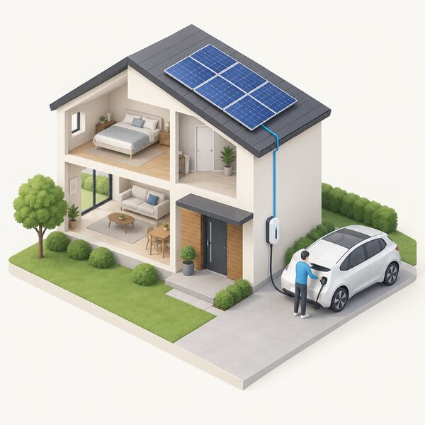An isometric cutaway of a house showing rooftop solar panels wired down to a wall-mounted EV charger beside the driveway, with a cable running to a parked electric car and a small figure plugging it in.
