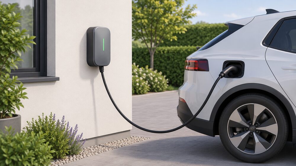 A close-up of a tethered 7.4kW home EV charger wallbox mounted on the outside wall of a house beside the driveway, its attached charging cable plugged into an electric car parked alongside.