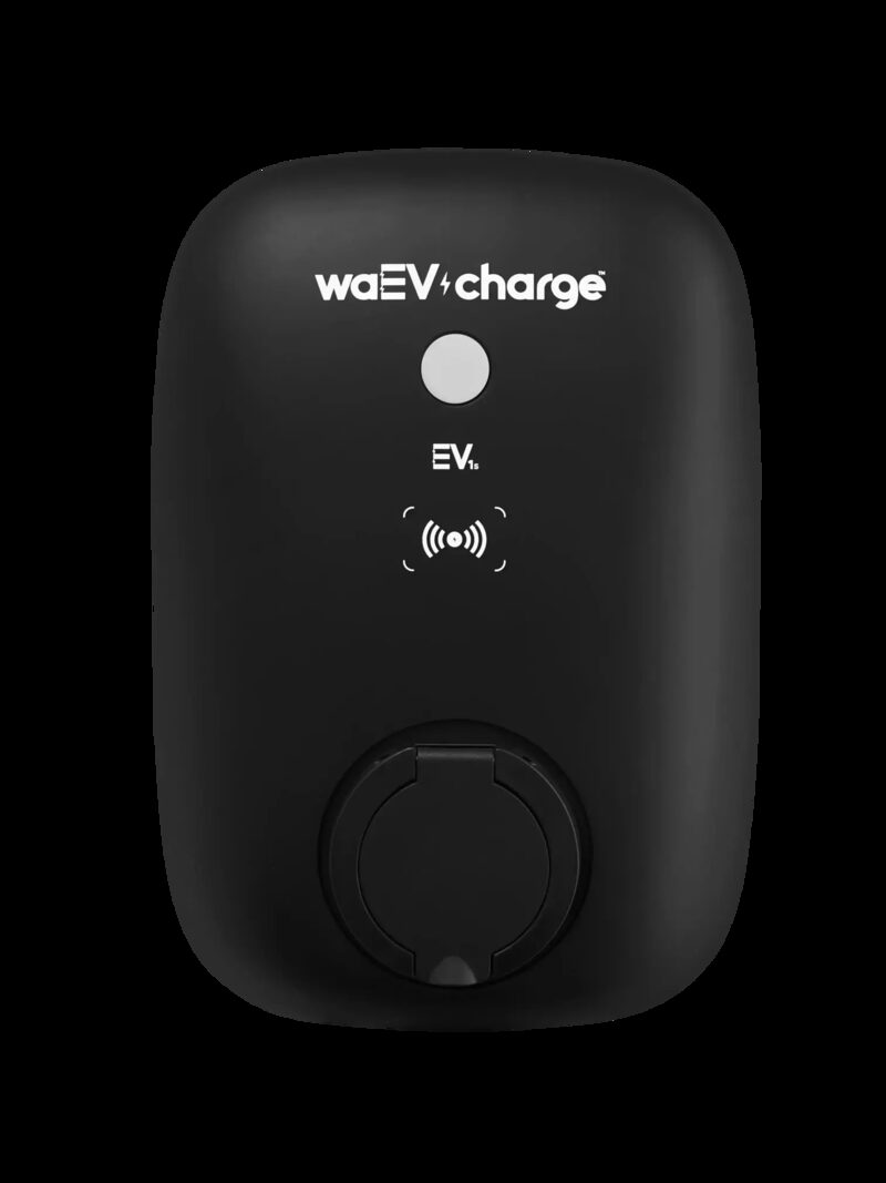 A black waEV-charge EV1s untethered wall-mounted EV charger with a socket cover, shown against a plain white background
