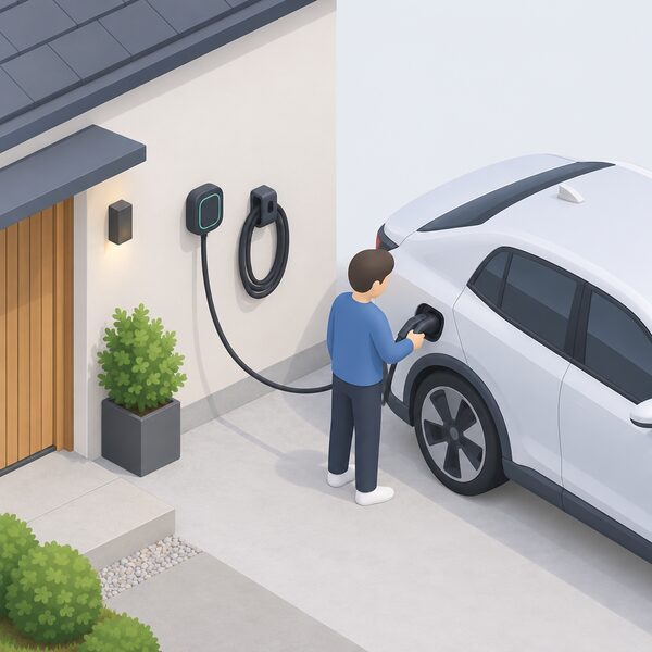 A small compact Pulsar Plus home wallbox charger mounted on an outside house wall, its integrated charging cable coiled neatly on a wall-mounted cable dock beside it, with a simplified isometric figure plugging the connector into an electric car parked alongside.