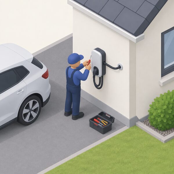 A qualified electrician in plain work clothing, shown as a simplified isometric figure, fits a wall-mounted EV charger to the exterior wall of a house beside a driveway, with visible cable running from the charger into the wall and tools at hand.