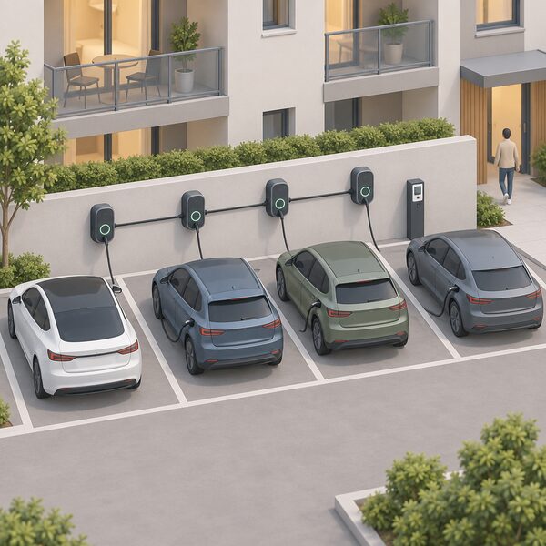 Four Pulsar Max chargers mounted in a row on a wall beside a shared multi-unit residential parking area, linked together by a connecting cable with a shared payment terminal nearby and simplified cars parked at the bays.