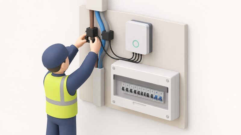 A small isometric domestic consumer unit area with a Wallbox power meter mounted beside the consumer unit and CT clamps clipped around the incoming supply tails, with a simplified electrician figure fitting one clamp.