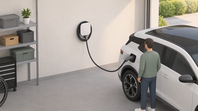A compact white Pulsar Plus wallbox mounted on an ordinary domestic garage wall beside a parked car, with its Type 2 charging cable coiled neatly around the integrated holder on the unit, shown in a simple isometric view.