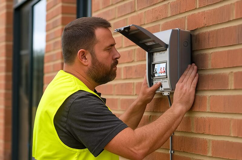 An electrician in a hi-vis vest installing a wall-mounted EV charge point unit on a brick wall