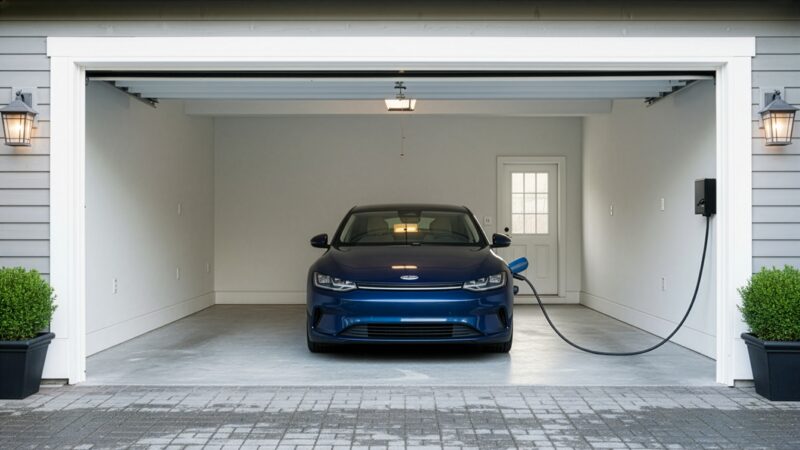 A blue electric car charging in a garage, plugged into a wall-mounted EV charger