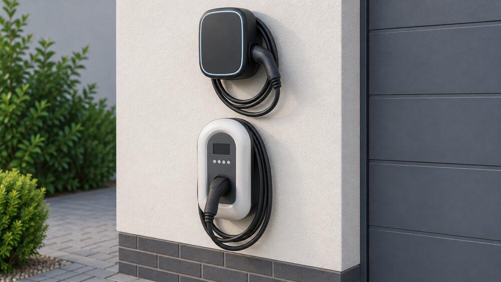 Two compact wall-mounted EV charge points, one above the other on an exterior house wall beside a driveway, each with a coiled Mode 3 charging cable plugged into its holster, shown close up with no other equipment.