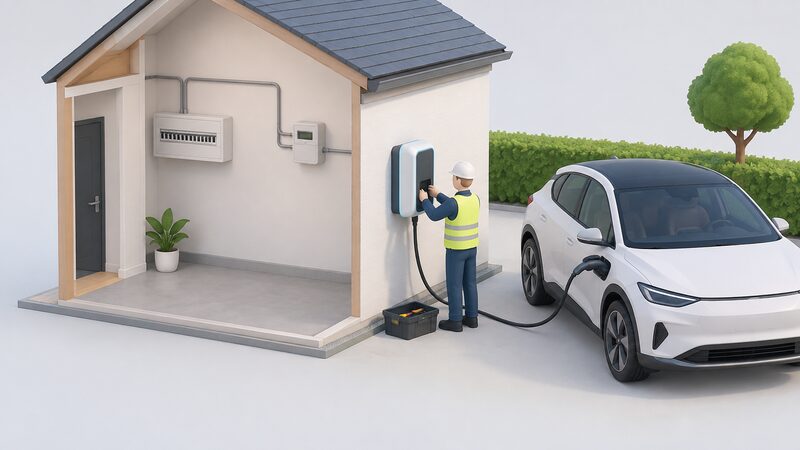 A professional installer fitting a wall-mounted bidirectional charger on an outside wall, wired to the consumer unit inside, connected to a power meter, with a CCS cable plugged into an electric car parked within reach.