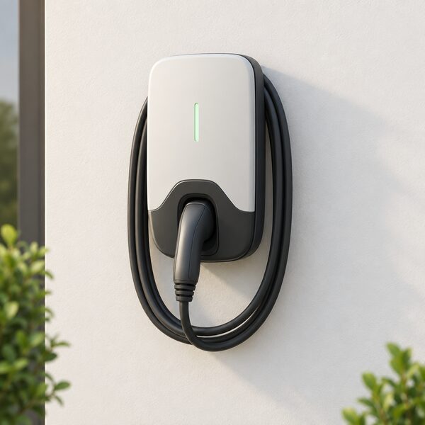 A single wall-mounted home EV wallbox charger unit shown as a product on a plain section of exterior house wall, with its charging cable and connector neatly stowed, and no installation work or other equipment in view.