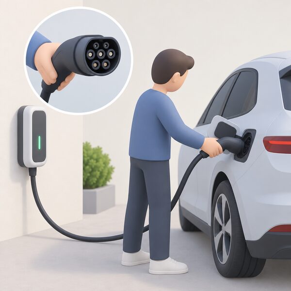 A close view of a Type 2 charging plug held at the end of its cable, with a simplified figure plugging it into the Type 2 socket on a car beside a small home wallbox unit.