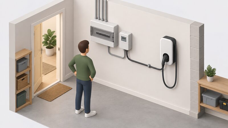 A small isometric domestic scene showing a Wallbox power meter mounted beside a consumer unit on an interior wall, with a cable running from the meter across to a wall-mounted EV charger nearby.