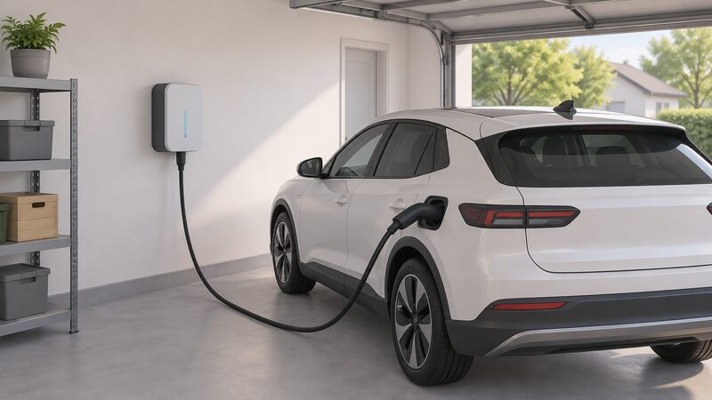 A small wall-mounted DC bidirectional charger on the inside wall of a home garage, with its CCS cable plugged into the CCS inlet of a parked electric car, the cable running from the unit down to the car's charging port.