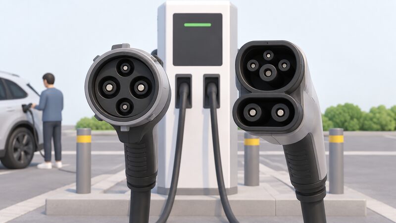 A close-up side-by-side view of a round CHAdeMO connector with four pins in its face next to a CCS connector with its two-part oval layout of pins beneath a larger upper section, both held at a public rapid charging point.